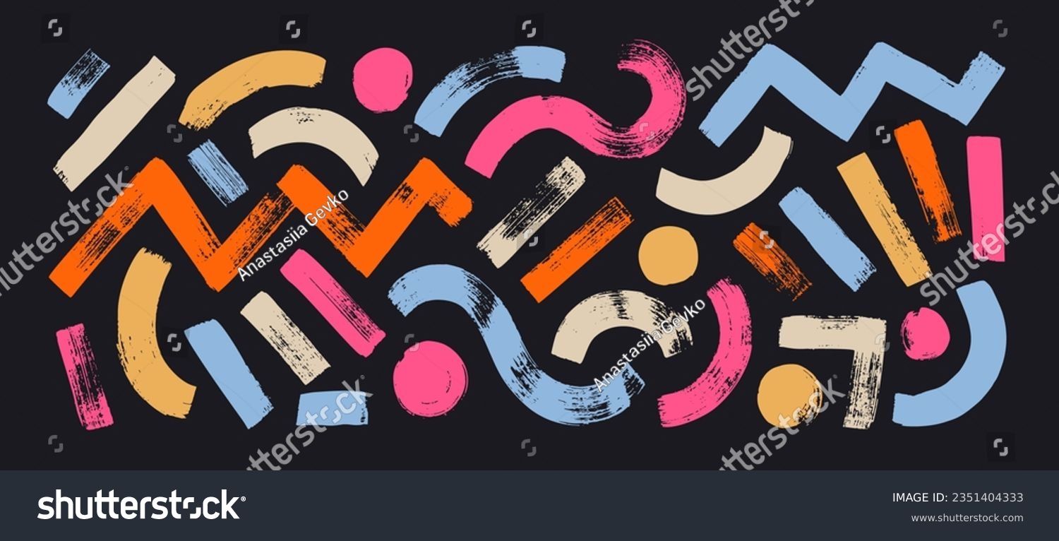 Colorful abstract geometric shapes and bold brush lines vector collection. Hand drawn circles  straight thick lines  zigzag and curved smears. Grunge texture isolated shapes.