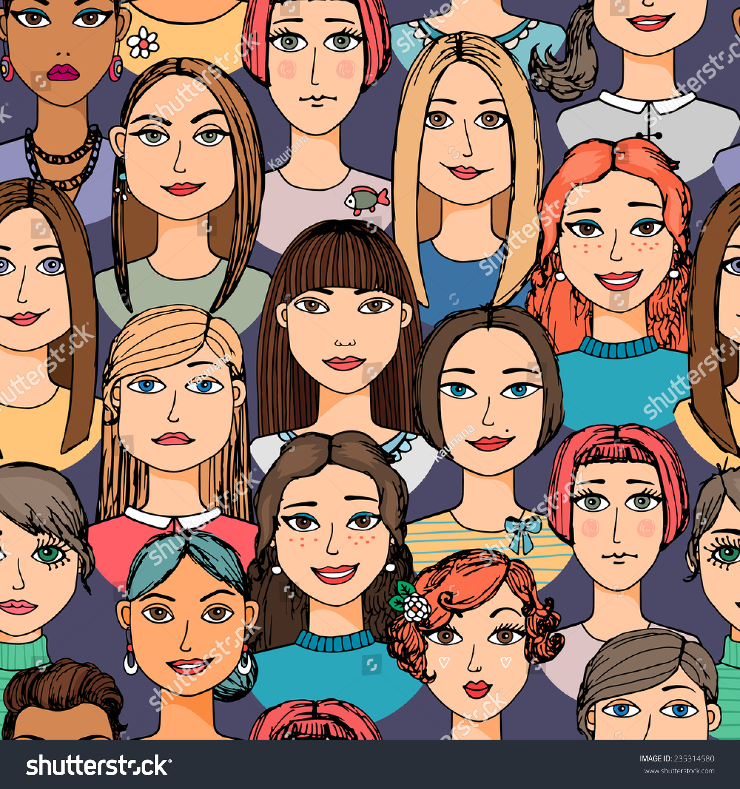 Cartoon women faces crowd doodle hand-drawn seamless pattern