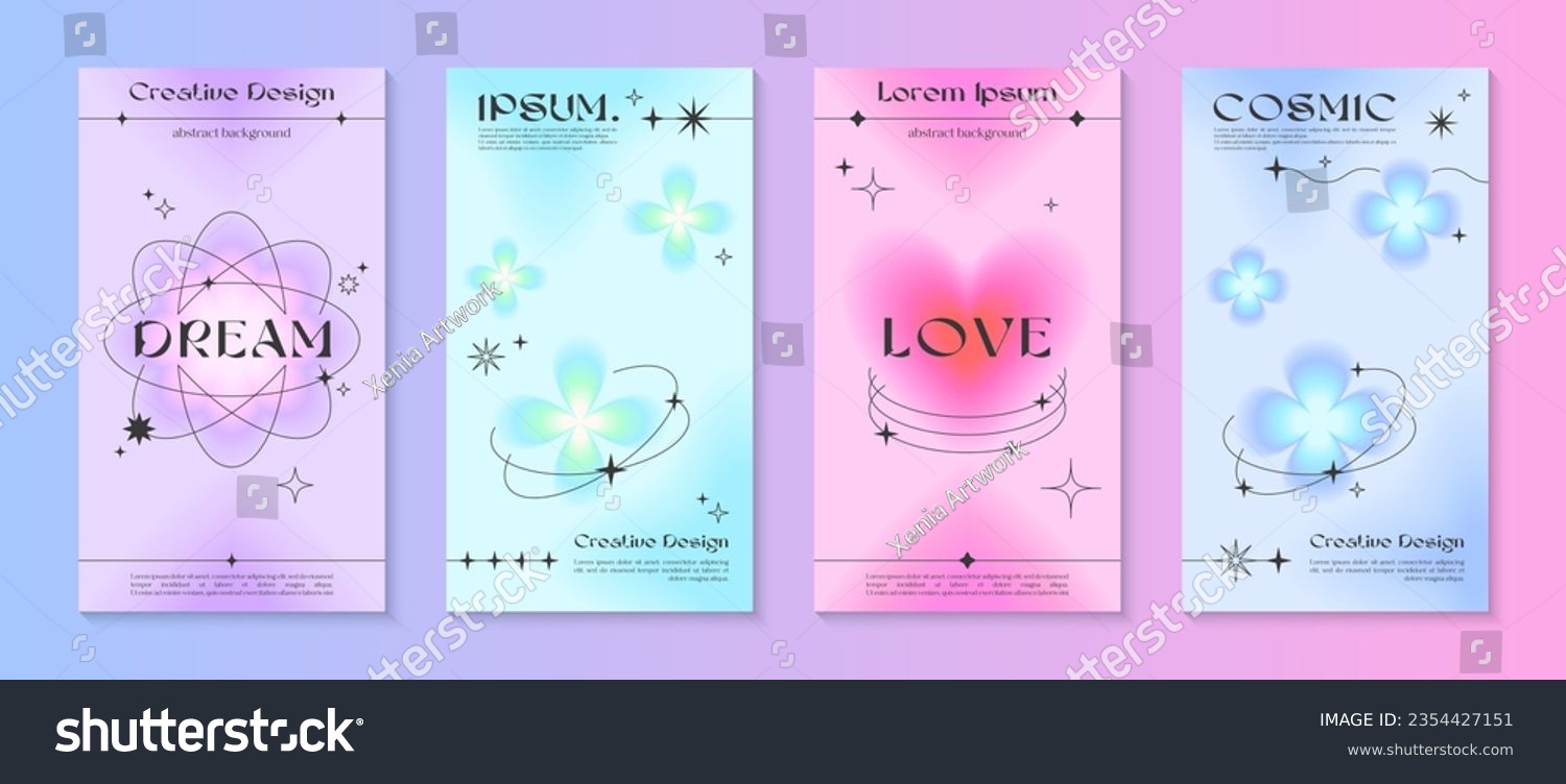 Vector story gradient templates with linear shapes heart blurred sparkles copy space for text in 90s style.Smm banners in y2k aesthetic.Designs for social media marketing branding packaging