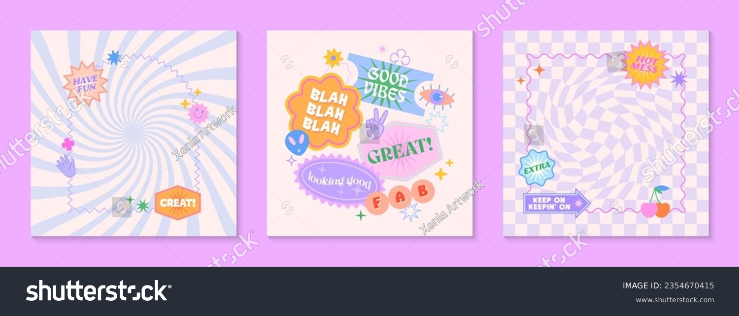 Vector templates with patches and stickers in 90s style.Modern emblems in y2k aesthetic chess and spiral backgrounds.Trendy funky designs for banners social media marketing branding packaging covers