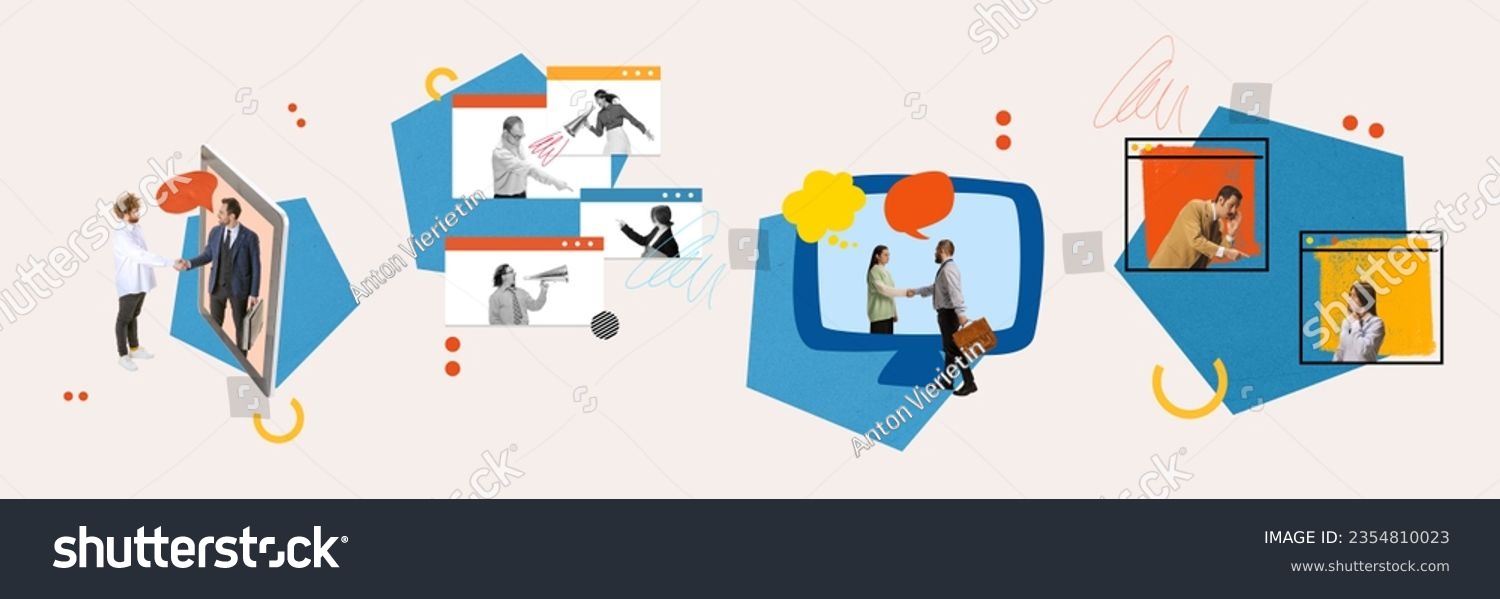 Contemporary art collage. Young business people communicating messages chatterbox announcement isolated on color background. concept of business.communication interviewing cooperation. banner