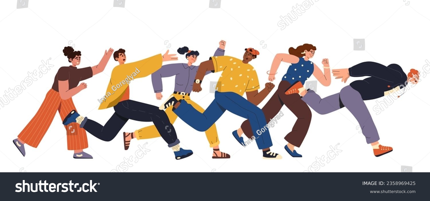 A crowd of happy people runs quickly. Crazy people overtake each other. A group of excited male and female shoppers  rushing and hunting for sales. Flat  illustration isolated on white background