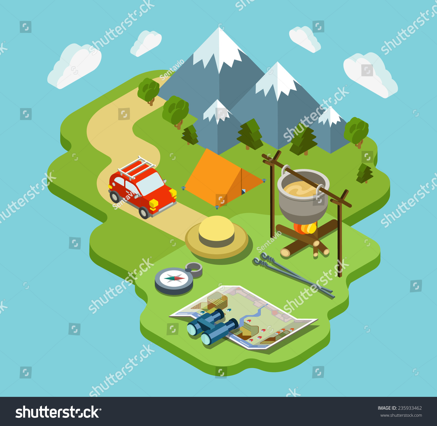 Camping travel outdoor active vacation flat 3d isometric pixel art modern design concept vector. Mountain forest meadow bowler tent fire chowder skewer. Web banners website infographics illustration.