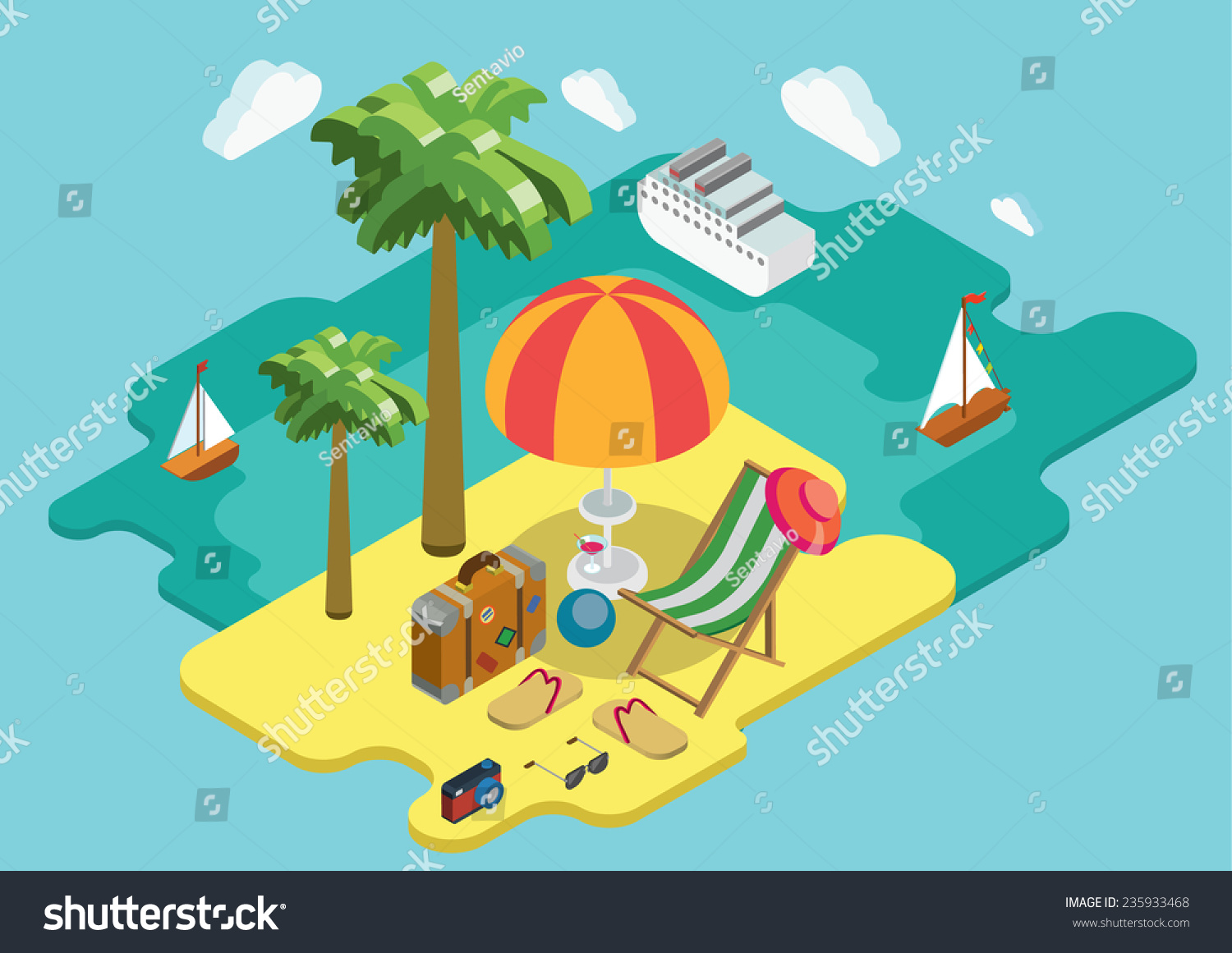 Beach sea ocean cruise summer vacation flat 3d isometric pixel art modern design concept vector. Palm island chaise lounge deck chair suitcase thongs. Web banners website infographics illustration.