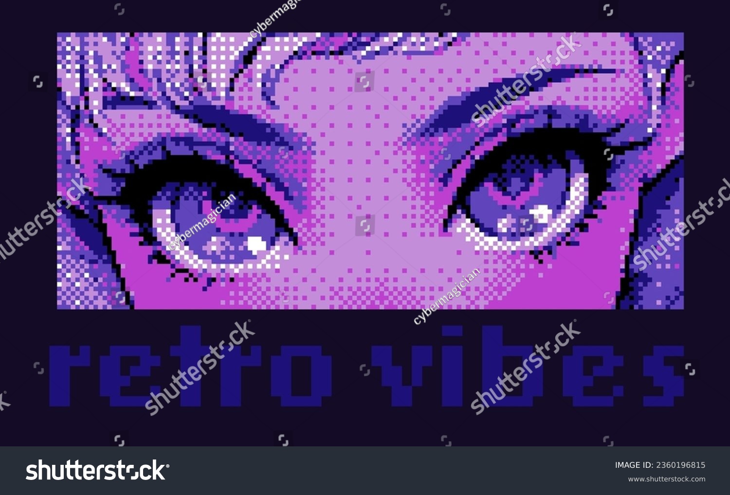 Pixel art 8-bit anime eyes of a cartoon girl. Vaporwave the 90's retro style vector print for t-shirt  cover or poster.