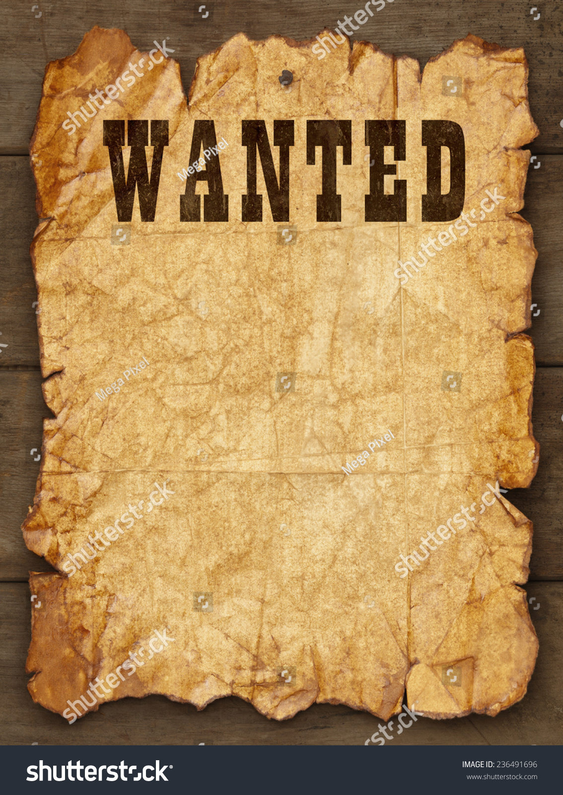 Wanted Poster Tacked on Wood Boards with Copy Space.