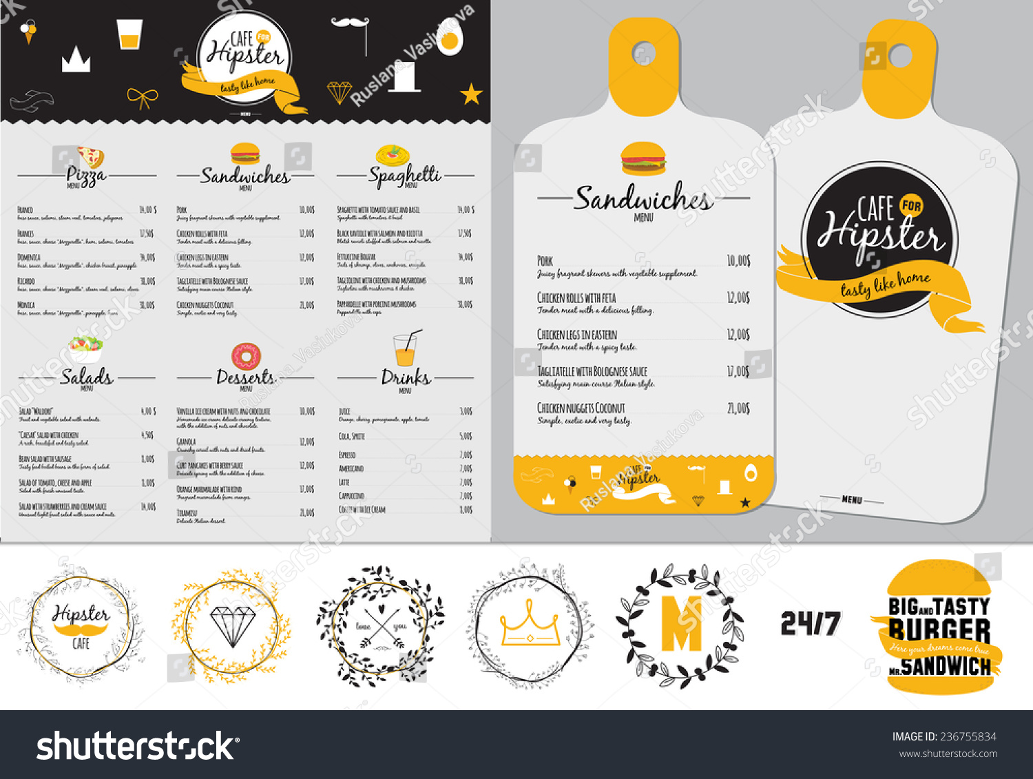 Big set of restaurant and cafe menu design  template design in vector. Cooking frames  labels and graphic elements in hipster style design. Vintage-styled illustration. Fast Food.