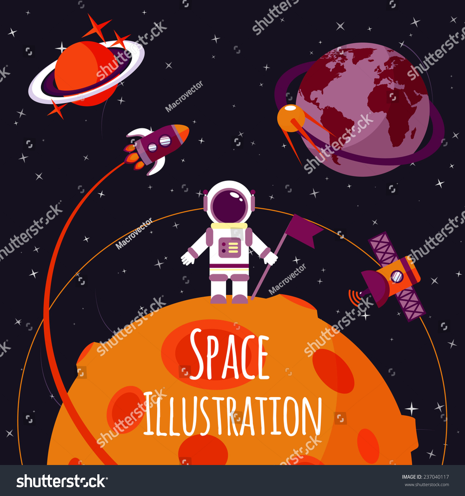 Space concept with astronaut on moon and rocket satellites on orbit flat  illustration