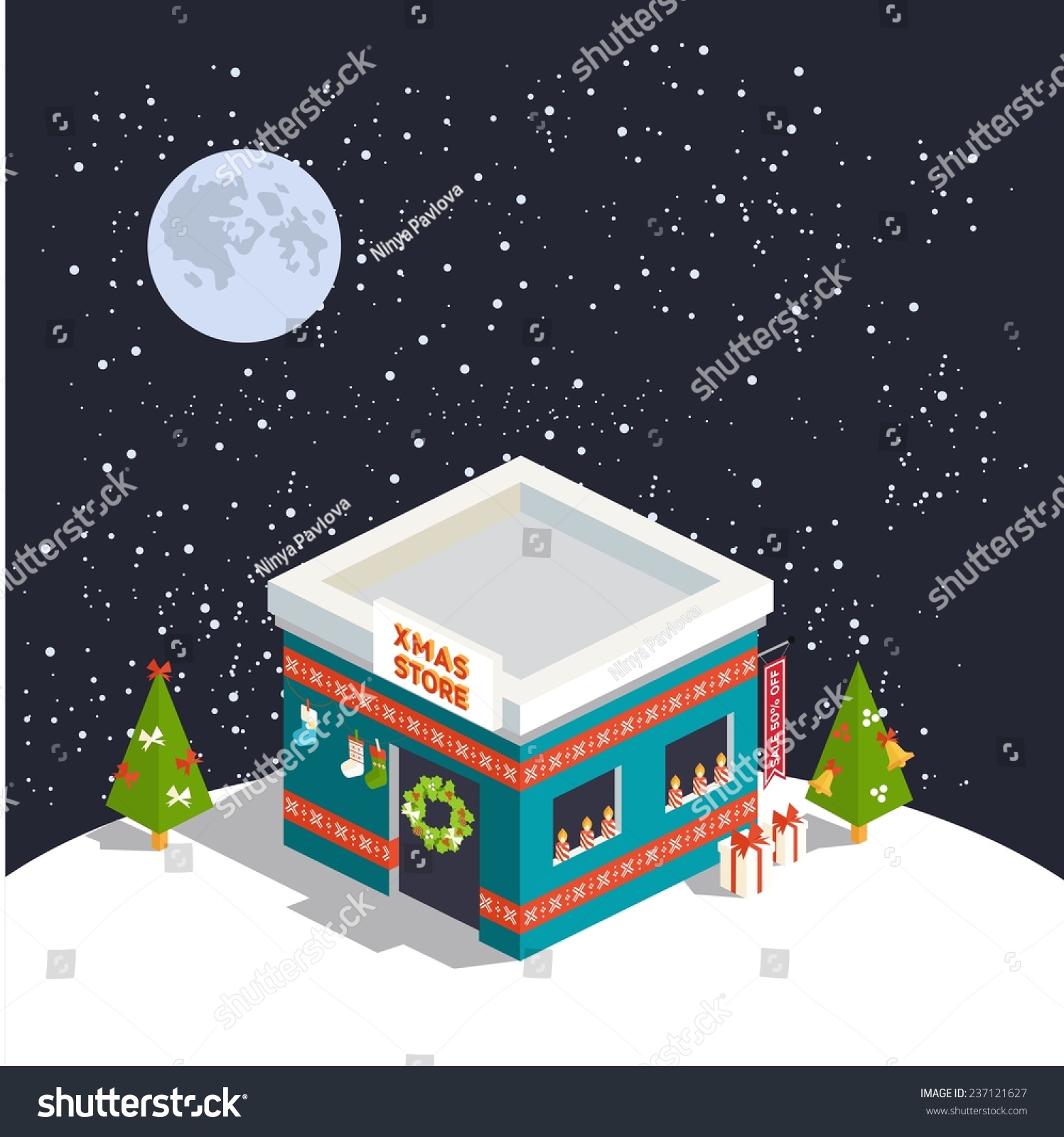 Vector isometric flat christmas store with trees 