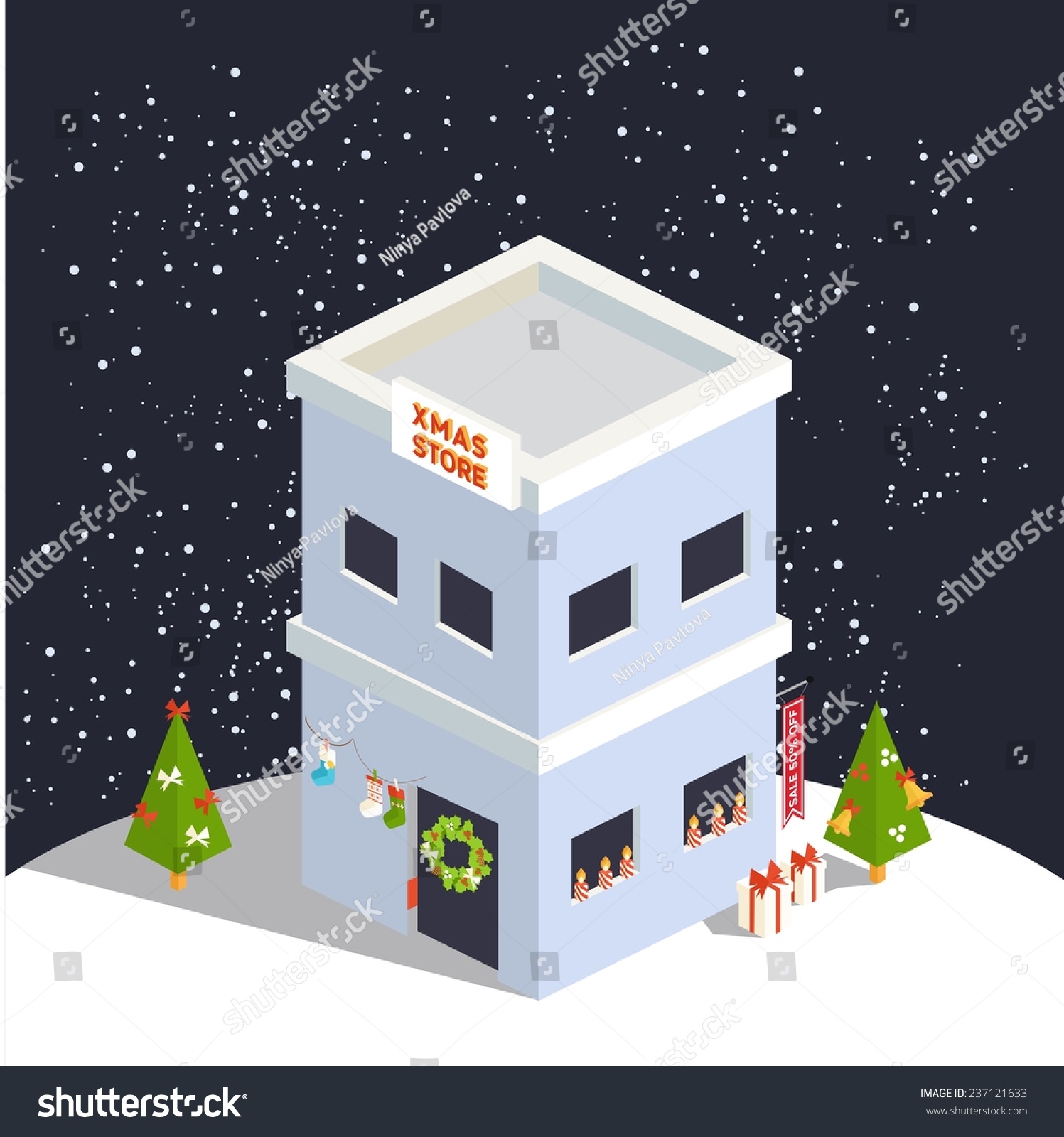Vector isometric flat christmas store with trees 