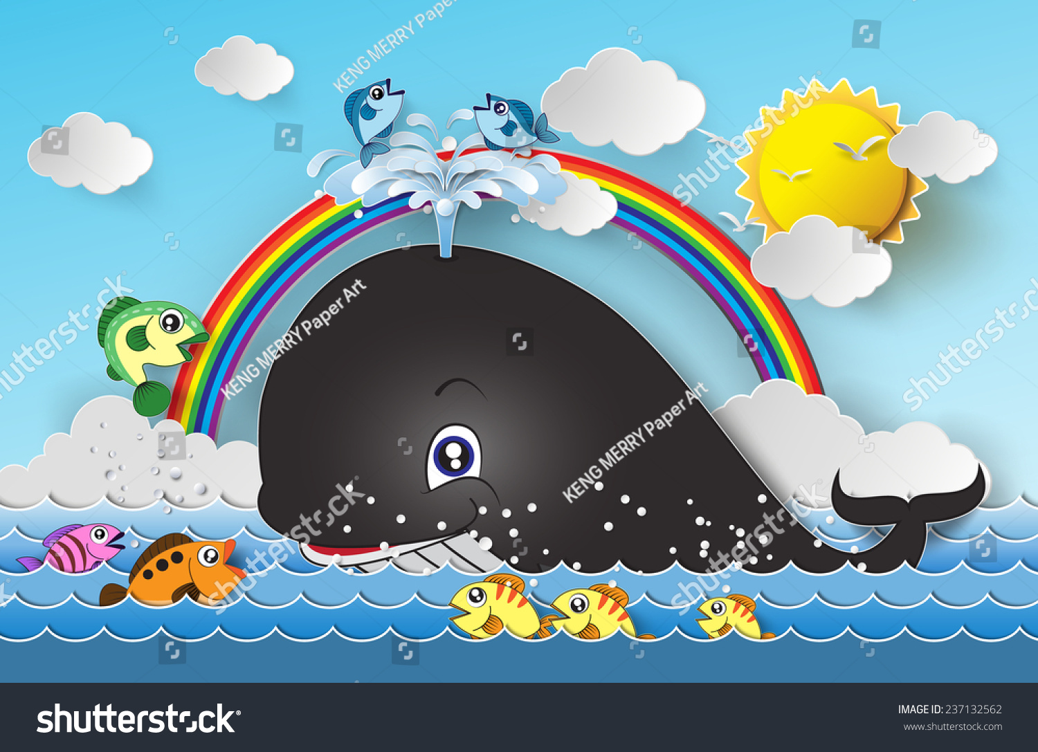 Illustration of cute cartoon whale.paper art style.