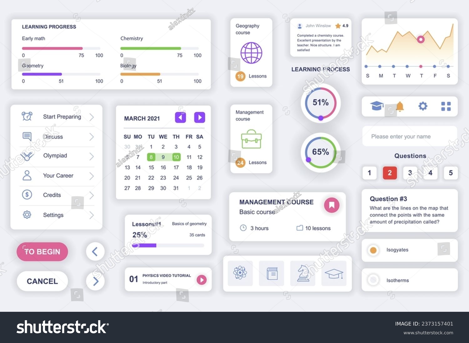 User interface elements set for education mobile app. Kit template with HUD diagrams  learning progress  calendar  lesson plan  profile management. Pack of UI  UX  GUI screens. Vector components.