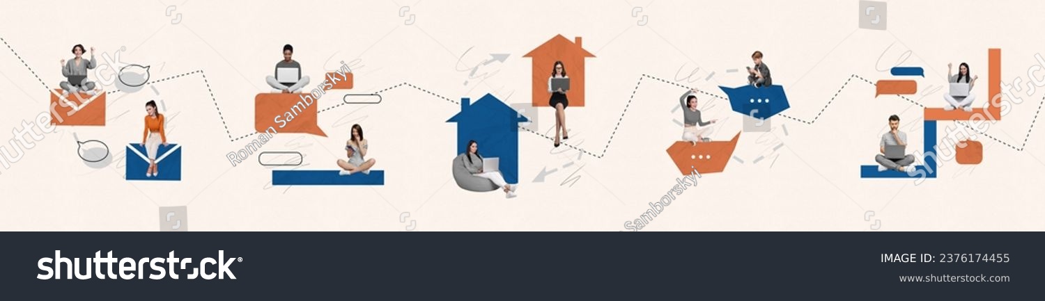 Photo collage panorama illustration working remote concept connection between colleagues online messenger isolated on beige background