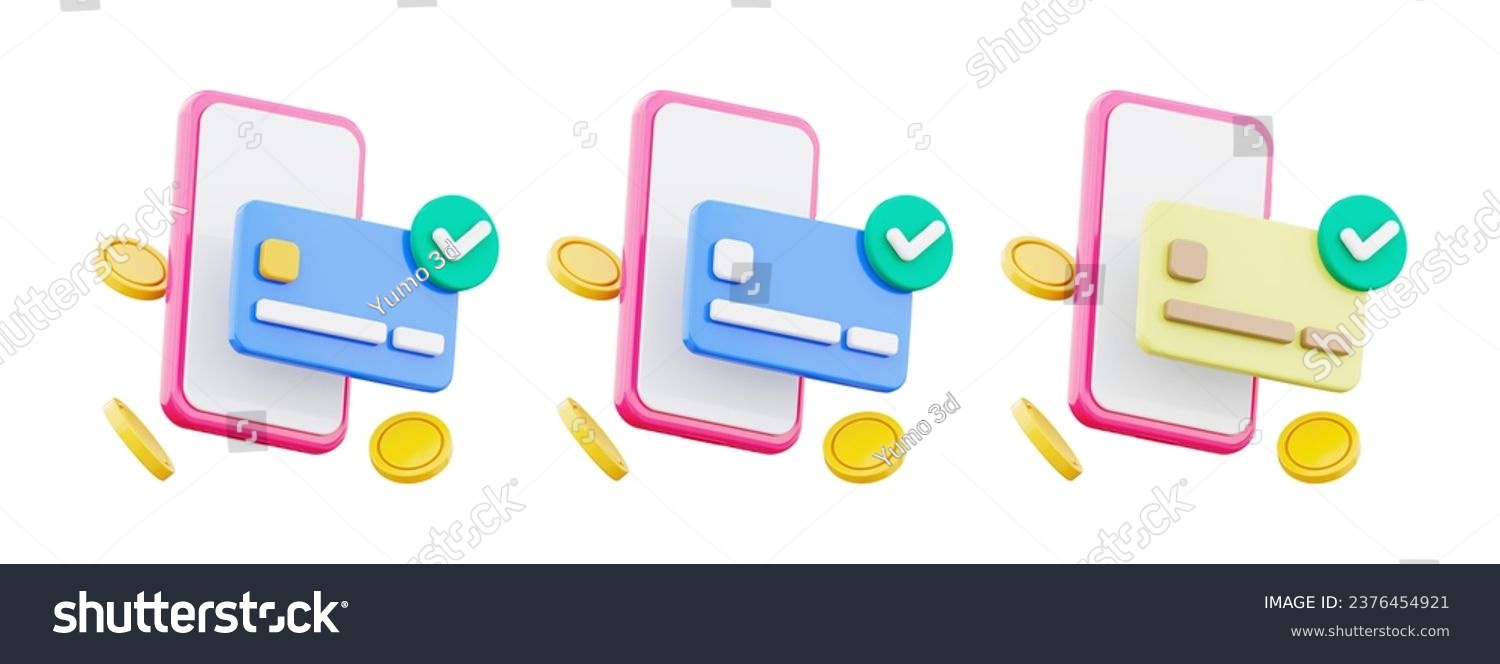 Mobile phone with card  successful mobile payment symbol collection 3d illustration