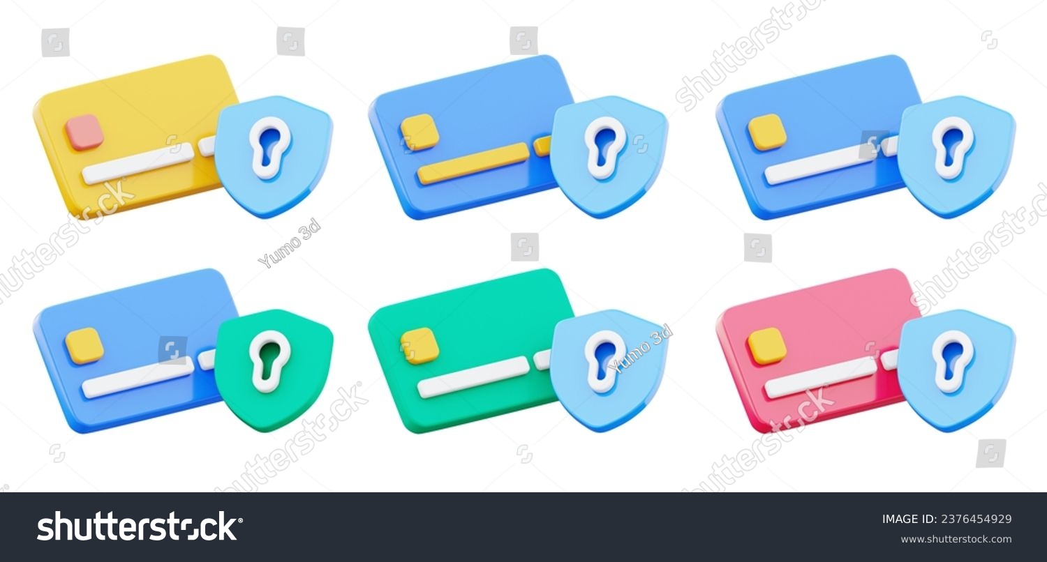 Card with shield security protection payment symbol collection 3d illustration