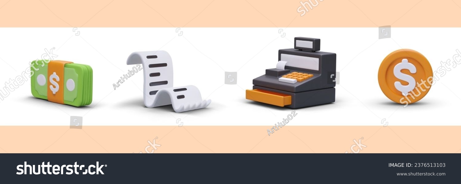 Set of color icons for online store  internet banking. 3D stack of banknotes  paper receipt  cash register  coin with dollar sign. Isolated vector illustration on white background