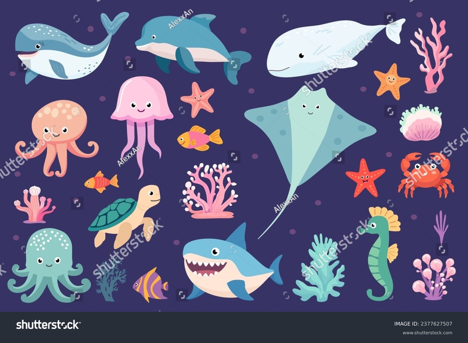 Cartoon sea cute animals. Underwater wildlife creatures vector illustration set