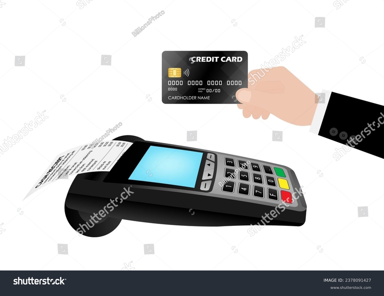 Hand using Credit Card For Making Payment by POS - Point of Sale Terminal or Credit Card Reader Machine. Vector Illustration. 