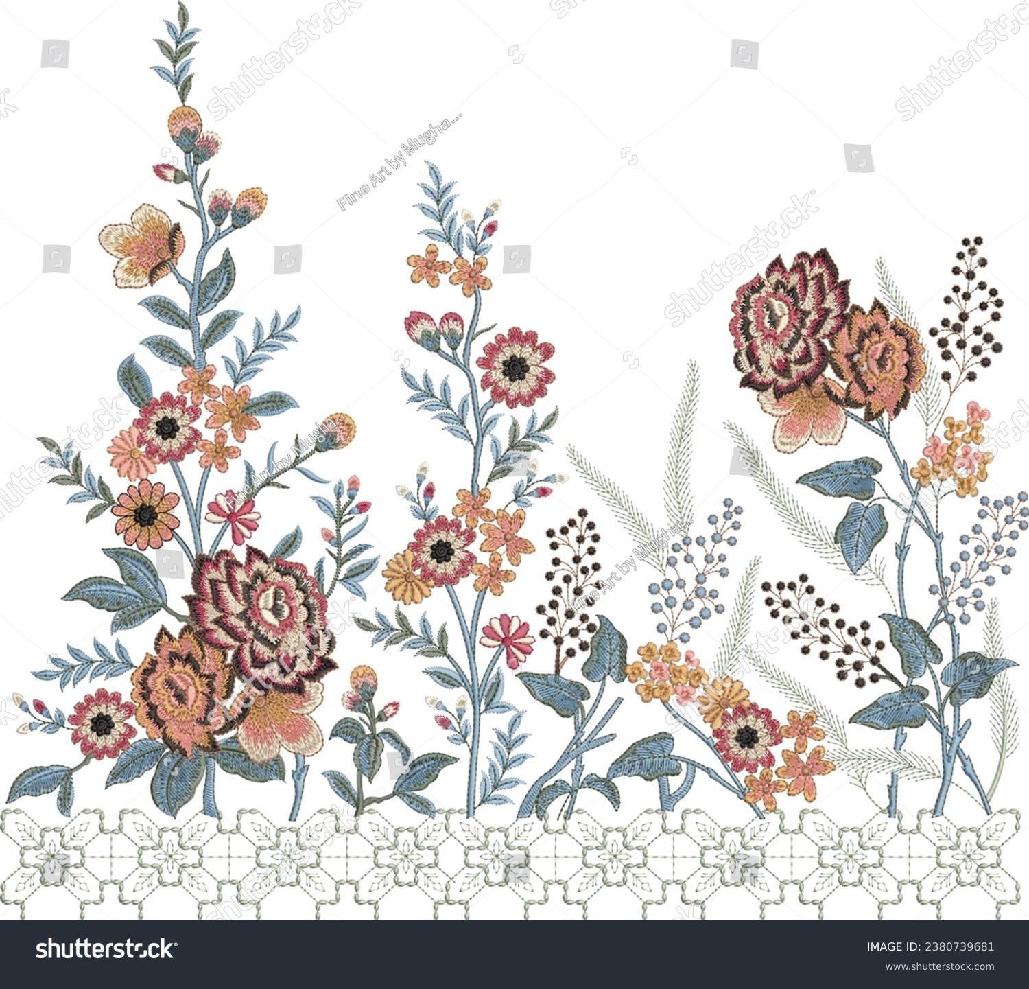 Embroidery seamless pattern with beautiful flowers. Handmade floral ornament on dark background. Embroidery for fashion products. Elegant tiled design best for print fabric or paper and more