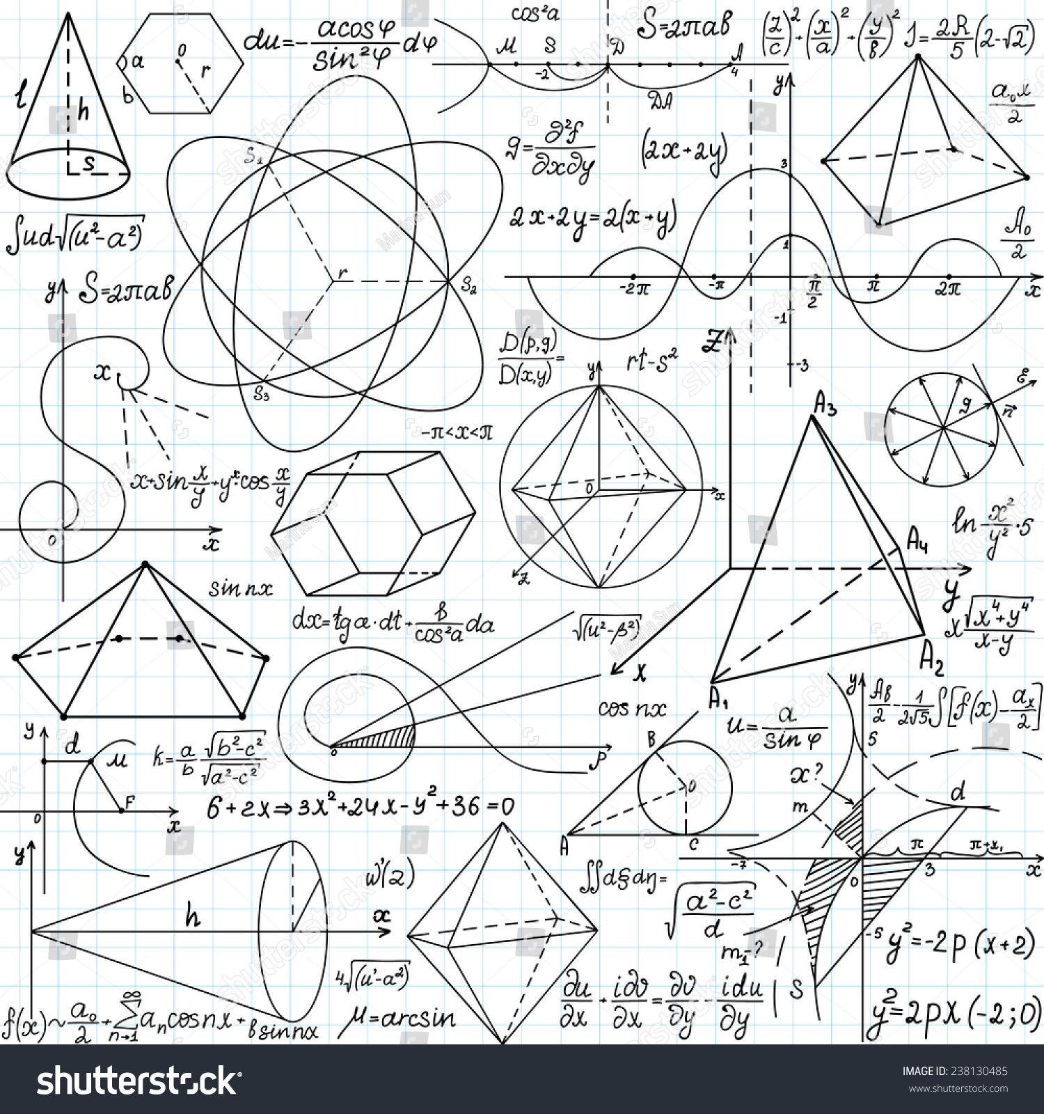 Beautiful vector seamless pattern with mathematical figures  calculations and plots  "handwritten on the copybook paper"