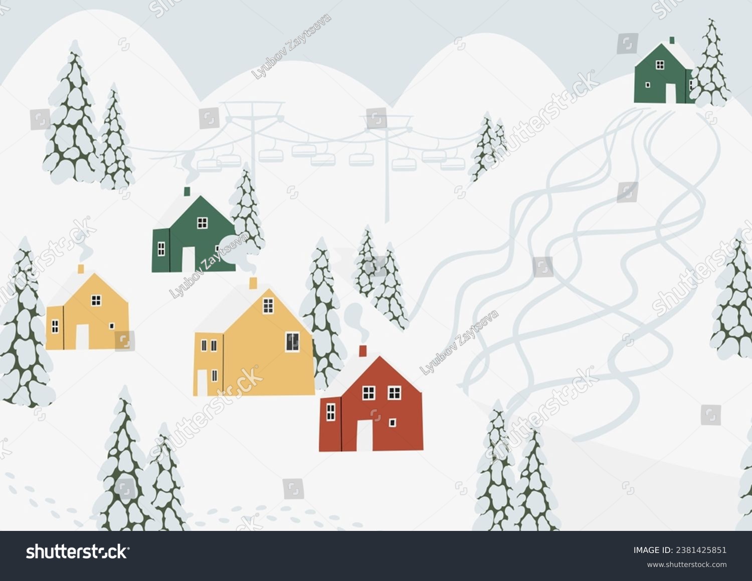 Winter snowy landscape clipart  scene background vector illustration  forest scenery wall art print  mountain village printable poster  winter season digital download card  house flat style images.