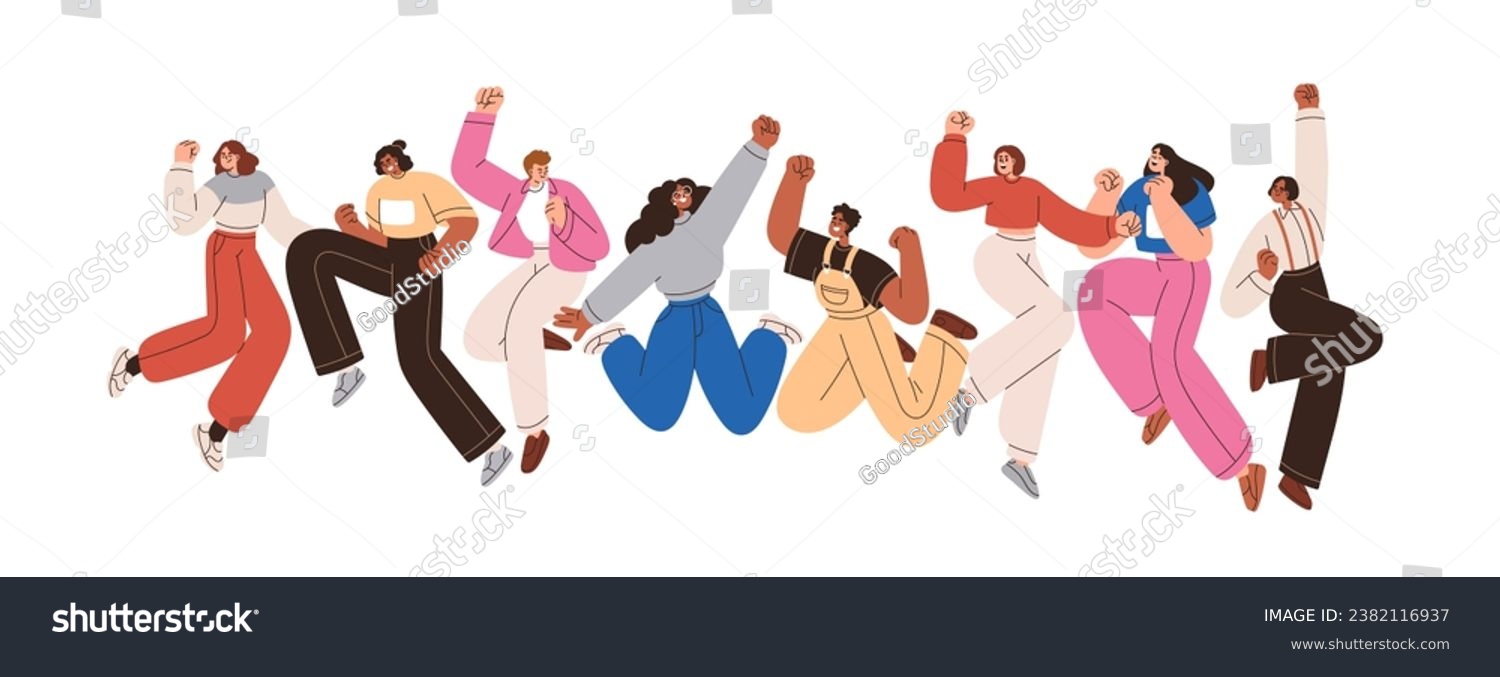 Happy people group celebrating holiday  success with fun and joy. Smiling characters team jumping up together. Victory and triumph expression. Flat vector illustration isolated on white background