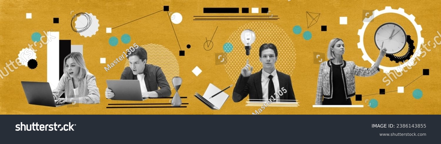 Employees of targeting and marketing department working on laptop  generating profitable strategies for projects promotion. Contemporary art collage. Concept of business  innovations