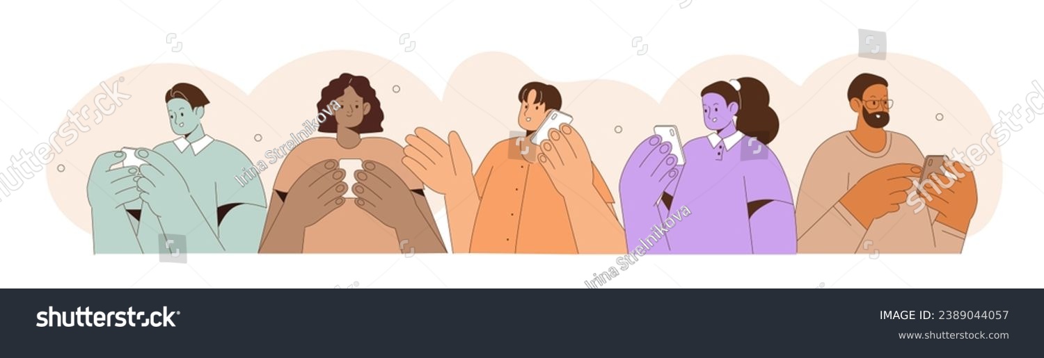 Happy people holding  looking at smartphone  chatting  talking  typing. Women and men characters using mobile phone  scrolling  surfing internet. Social network concept. Flat vector illustration  