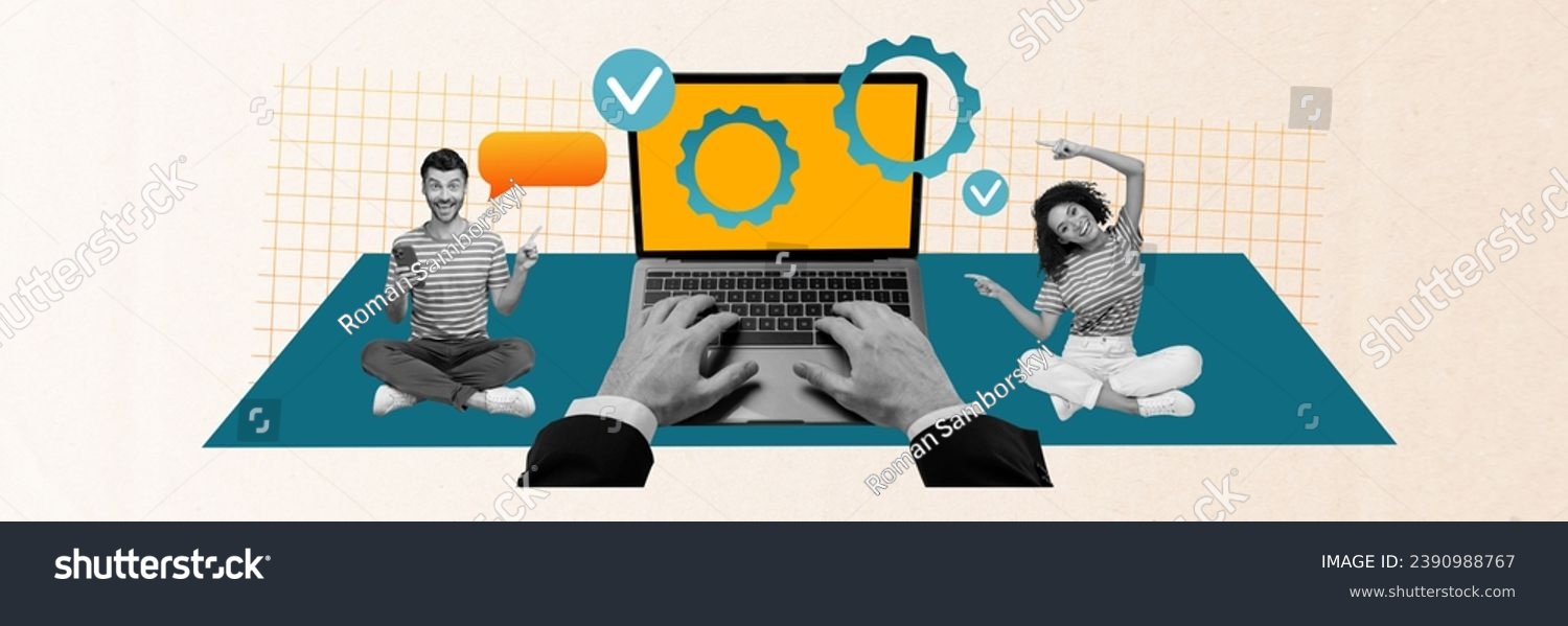 Creative collage of mini black white colors people use smart phone dialogue bubble point finger big netbook arms typing cogwheel gear check mark
