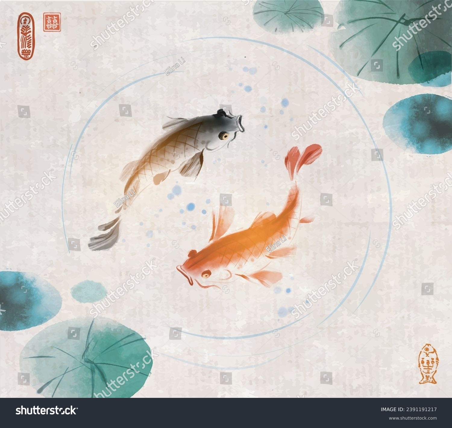 Black and red koi carps elegantly swimming in a tranquil pond on vintage background. Symbolizing balance and beauty in nature. Hieroglyph - double luck