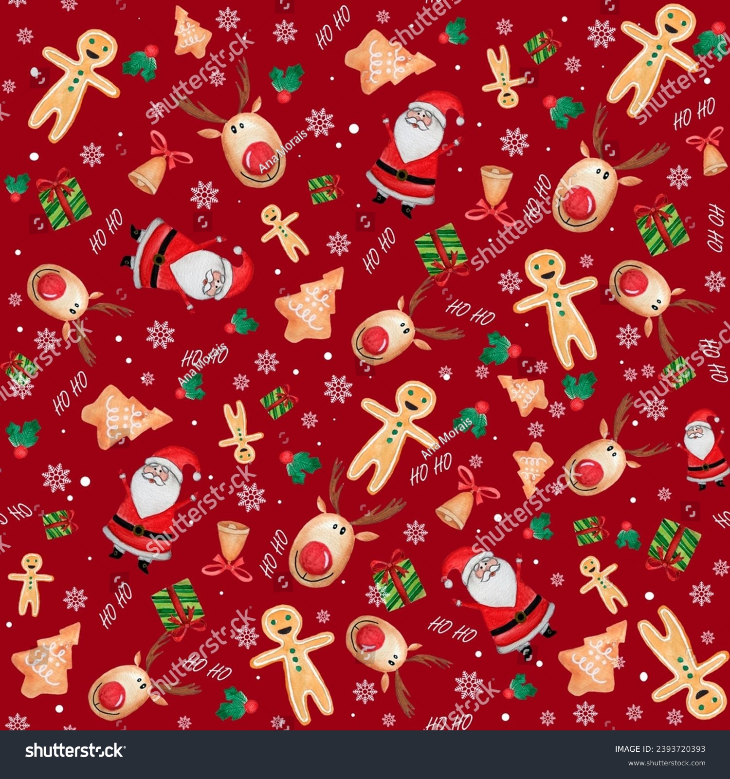 Watercolor Christmas pattern red background  santa  presents. Wrapping paper