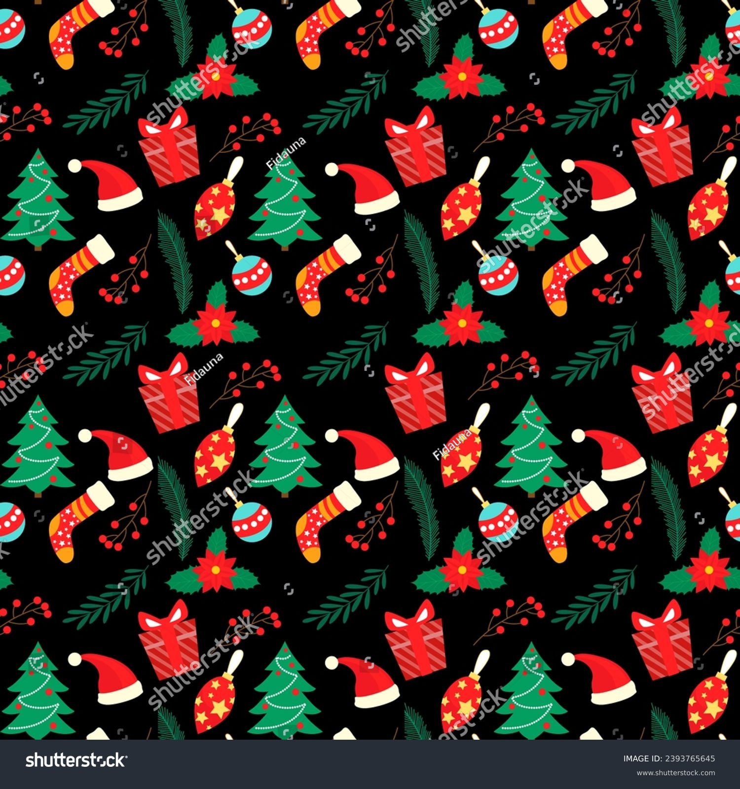 A. Hand drawn Hello Spring - Lettering. Seamless pattern of Christmas ornament. Christmas background. Christmas tree seamless pattern. Christmas socks