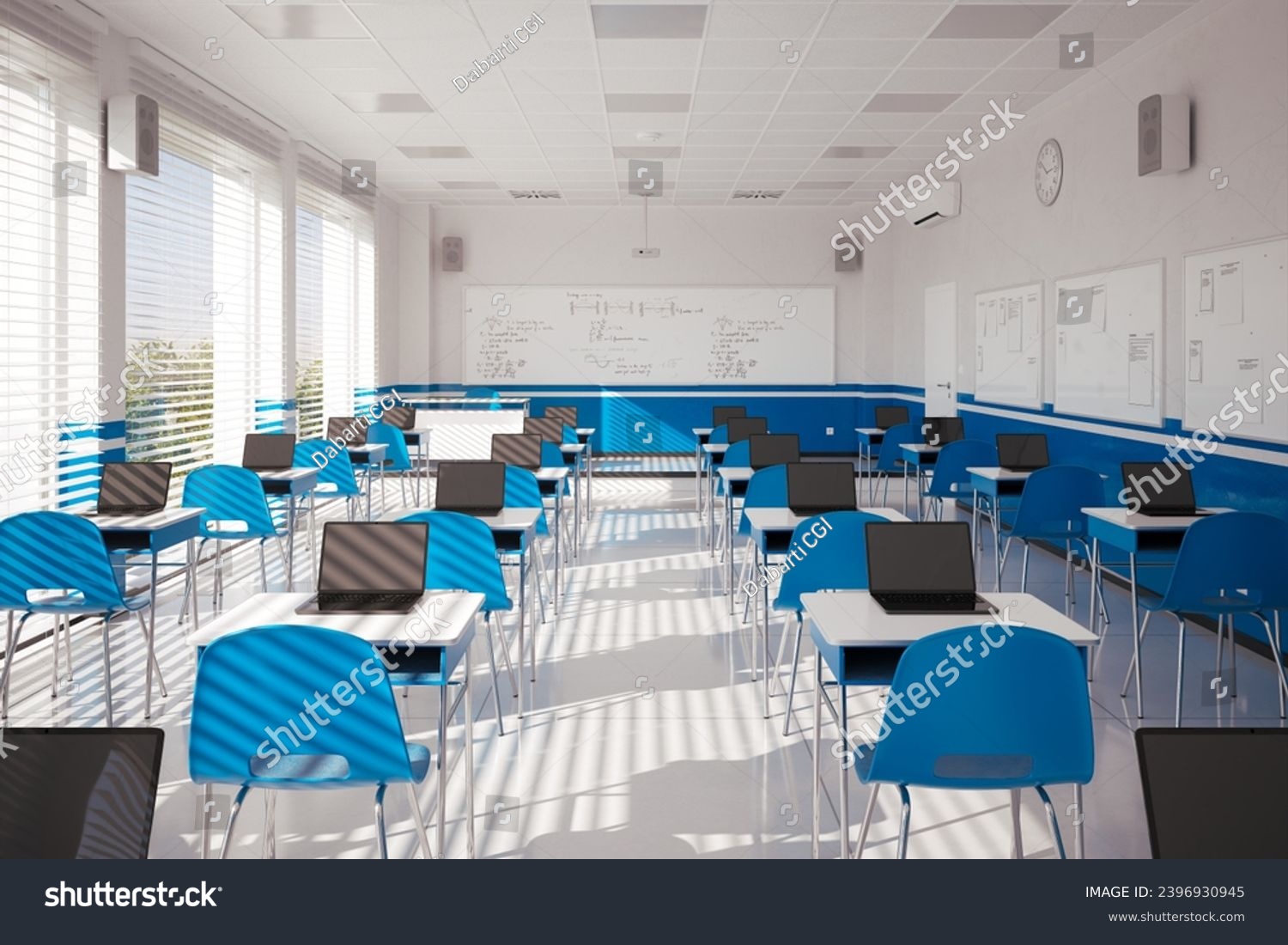 Spacious and Illuminated High-Tech Classroom with Open Laptops on Desks ...