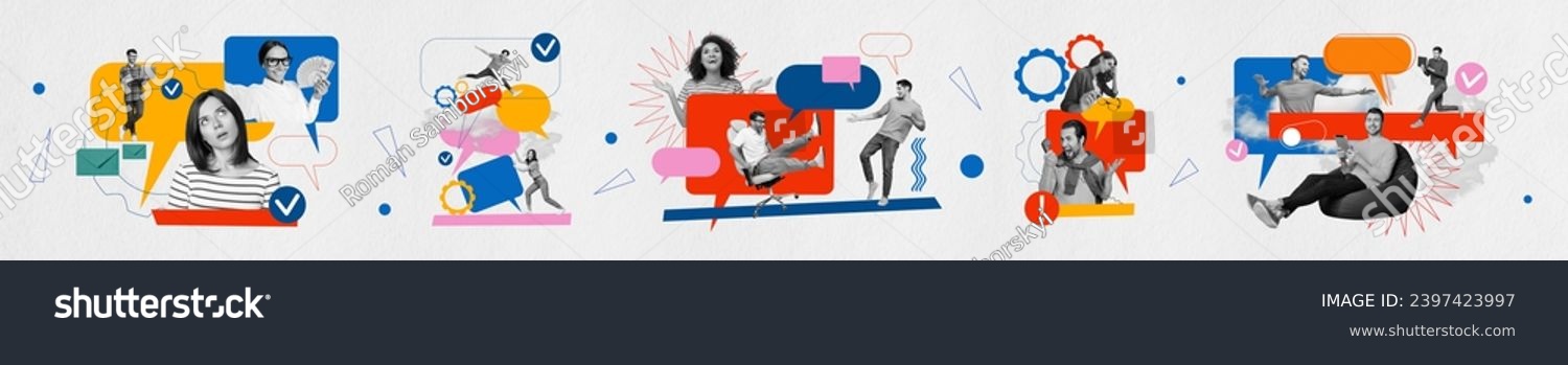 Retro abstract creative artwork template collage of panorama collection speech bubble team work communicate billboard comics zine minimal