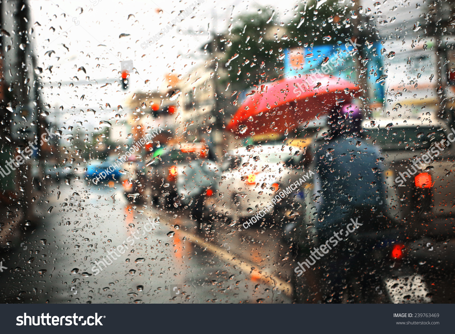 Morning traffic  view through the window on rainy day