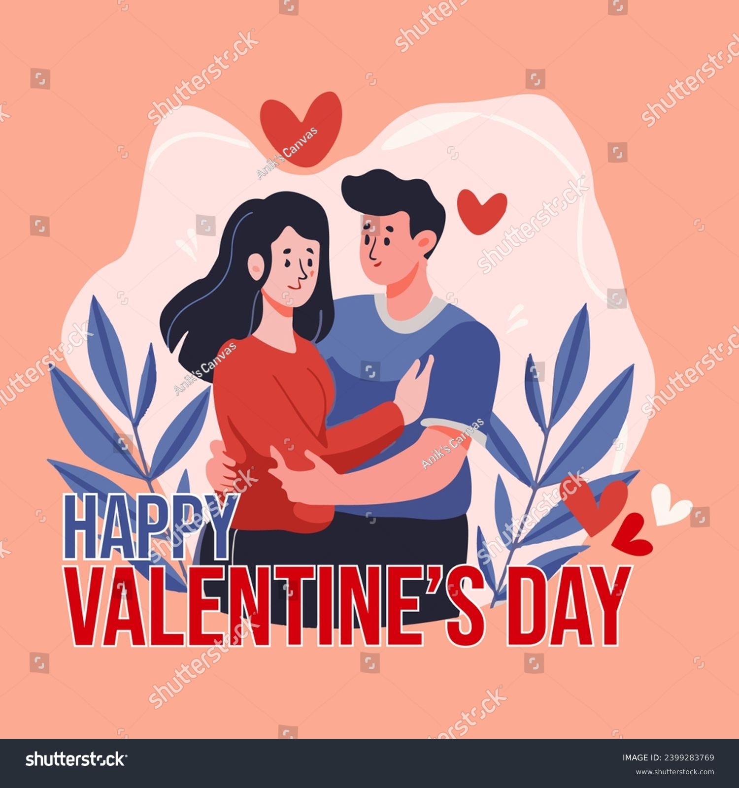 Valentine's Day background with a heart pattern and typography of happy Valentine's Day text with Flat Character Couples loving and hugging each other