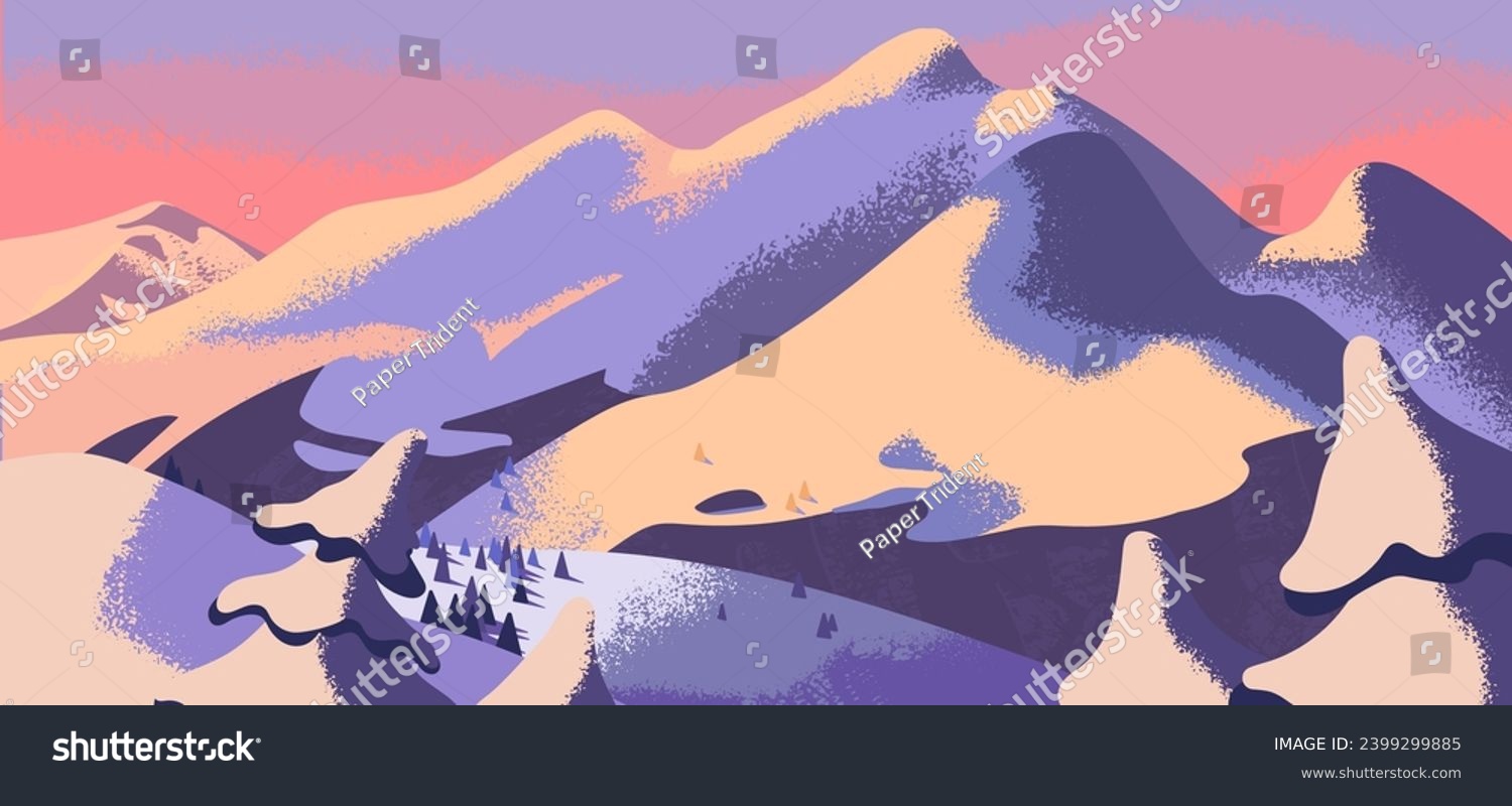 Winter mountain landscape. Rock range covered by snow in sunrise rays  ice hill peak in sunset light. Downhill altitude  snowy alps summit panorama. North nature background. Flat vector illustration