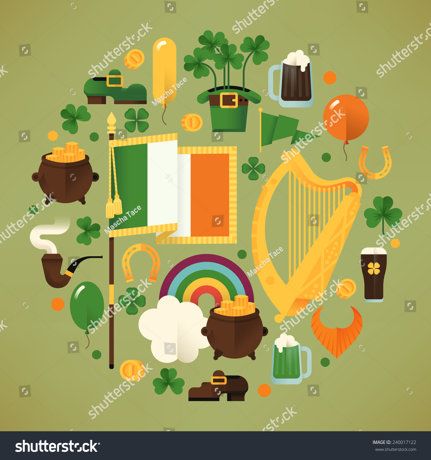 Set of vector modern flat design circle composition on Saint Patrick's Day featuring Ireland flag  harp  clover leaves  leprechaun hat  red beard  pot of gold  rainbow  balloons and more