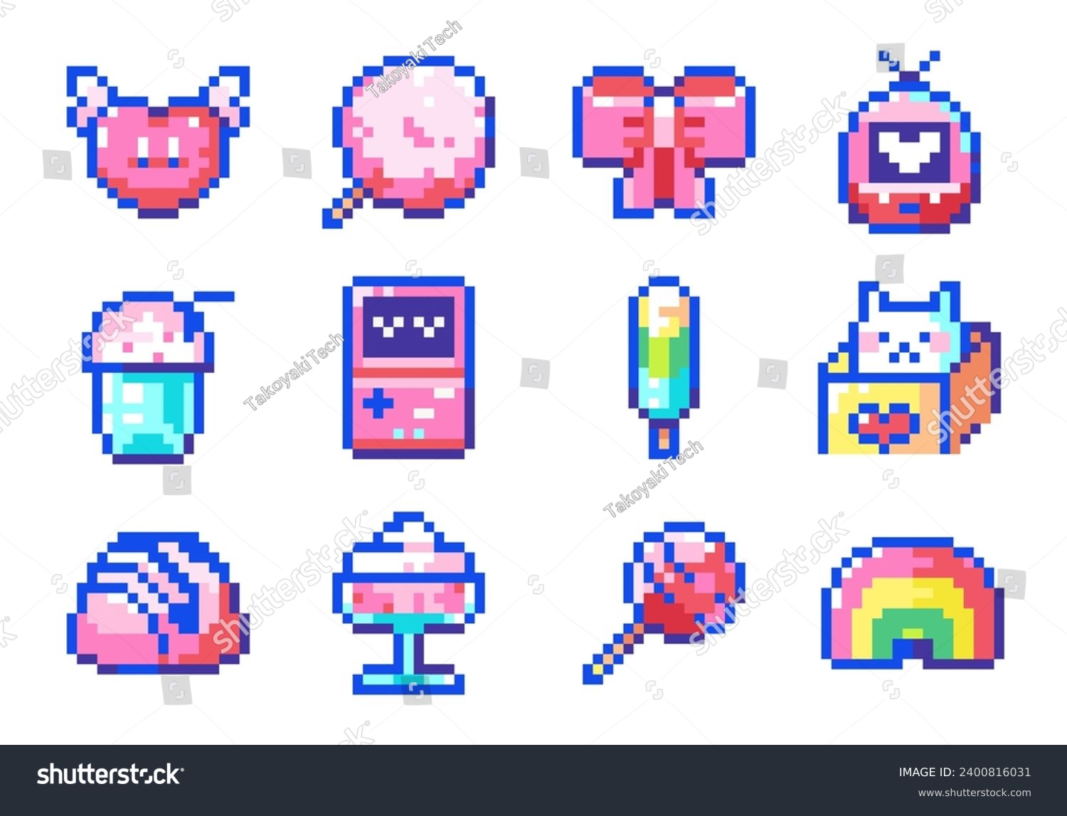 Pixel Art Cute Valentine Day Icons. 8bit Style Digital Stickers Featuring Pixelated Desserts and Treats - Pink Cotton Candy  Ice Cream  Popsicles  Cakes  Cat  Rainbow  Y2k Retro Game Console  Lollipo 