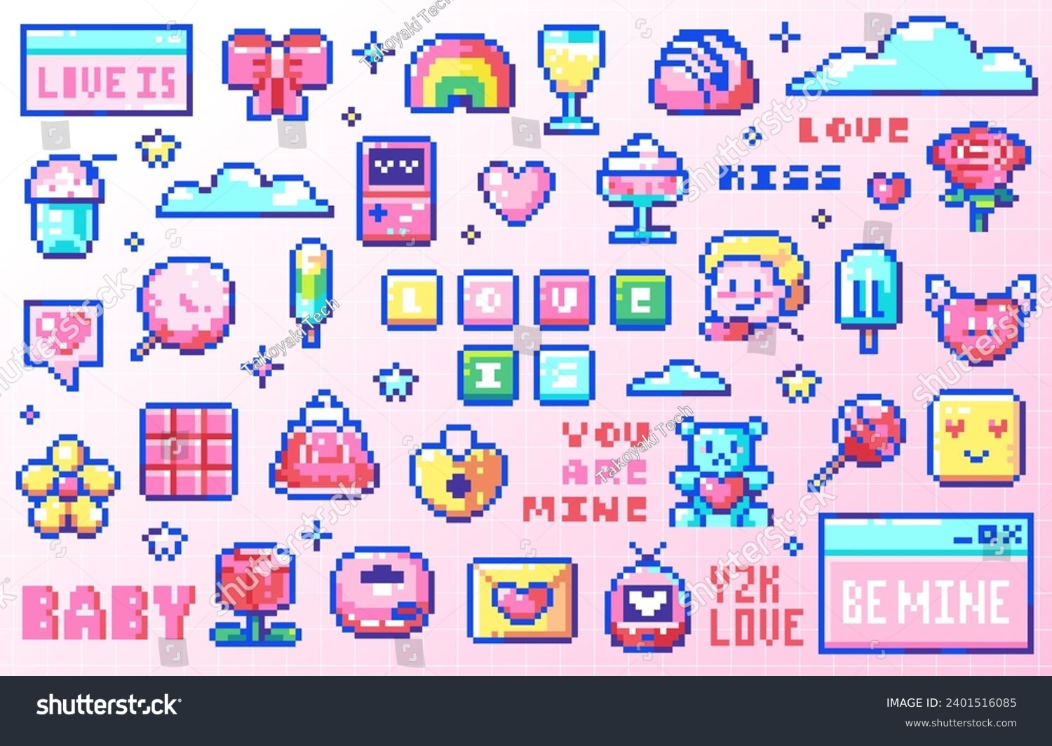Pixel Art Love and Romantic Icons. 8 bit Style Stickers of Pixelated Valentine's Day Y2K Stuff - 2000s Game Consoles  Cupid with Wings  Hearts Emoji  Toys  Sweets  Desktop Elements  Test Messages.