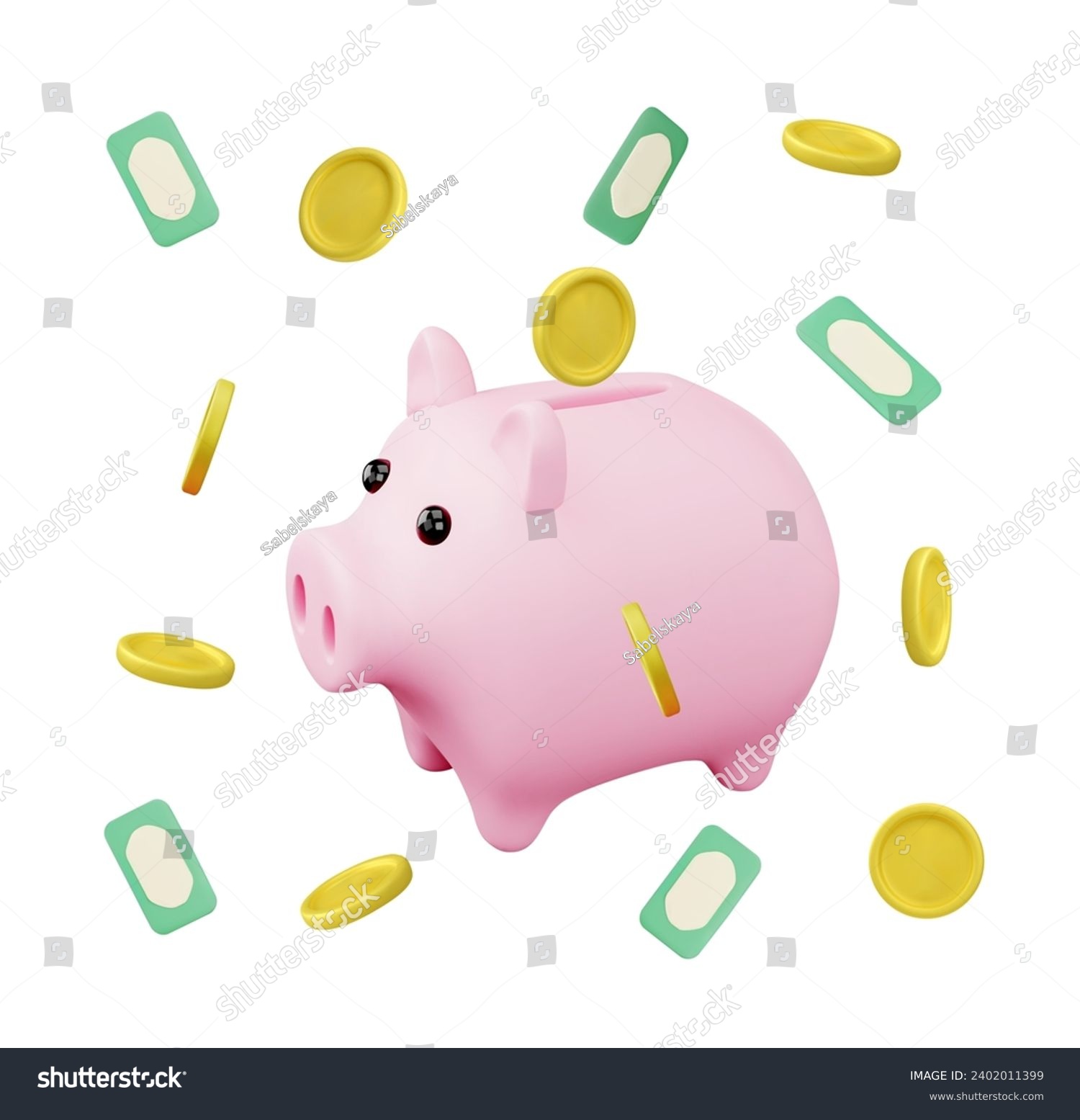 Piggy bank and money  volume render 3d vector illustration isolated on white background. Cute pink toy pig  bills and coins  realistic objects for design. Rendering isometric icons. Finance concept