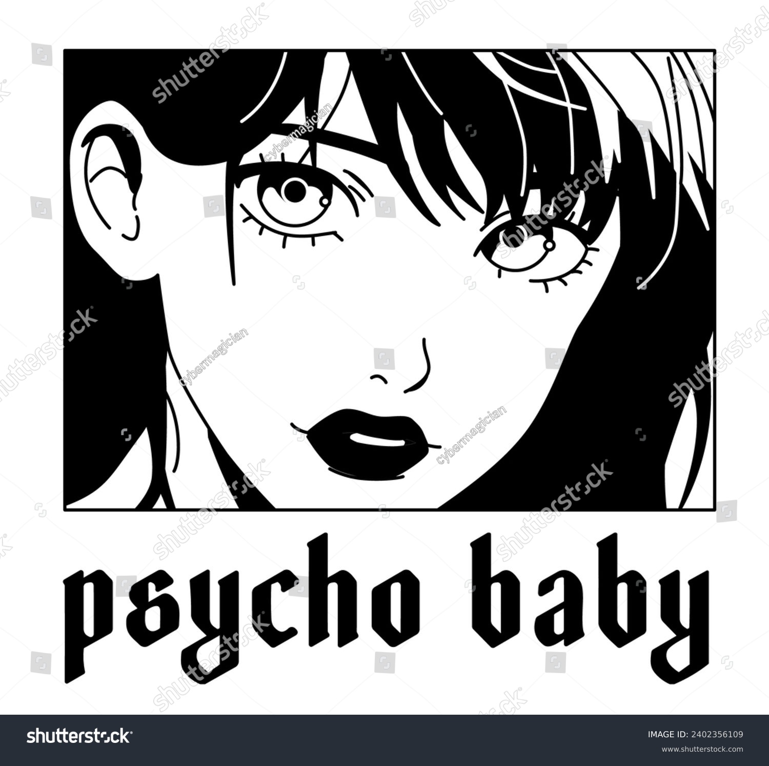 Black-haired anime girl with black lipstick and gothic text. Vector graphic design for t-shirt  poster or cover.