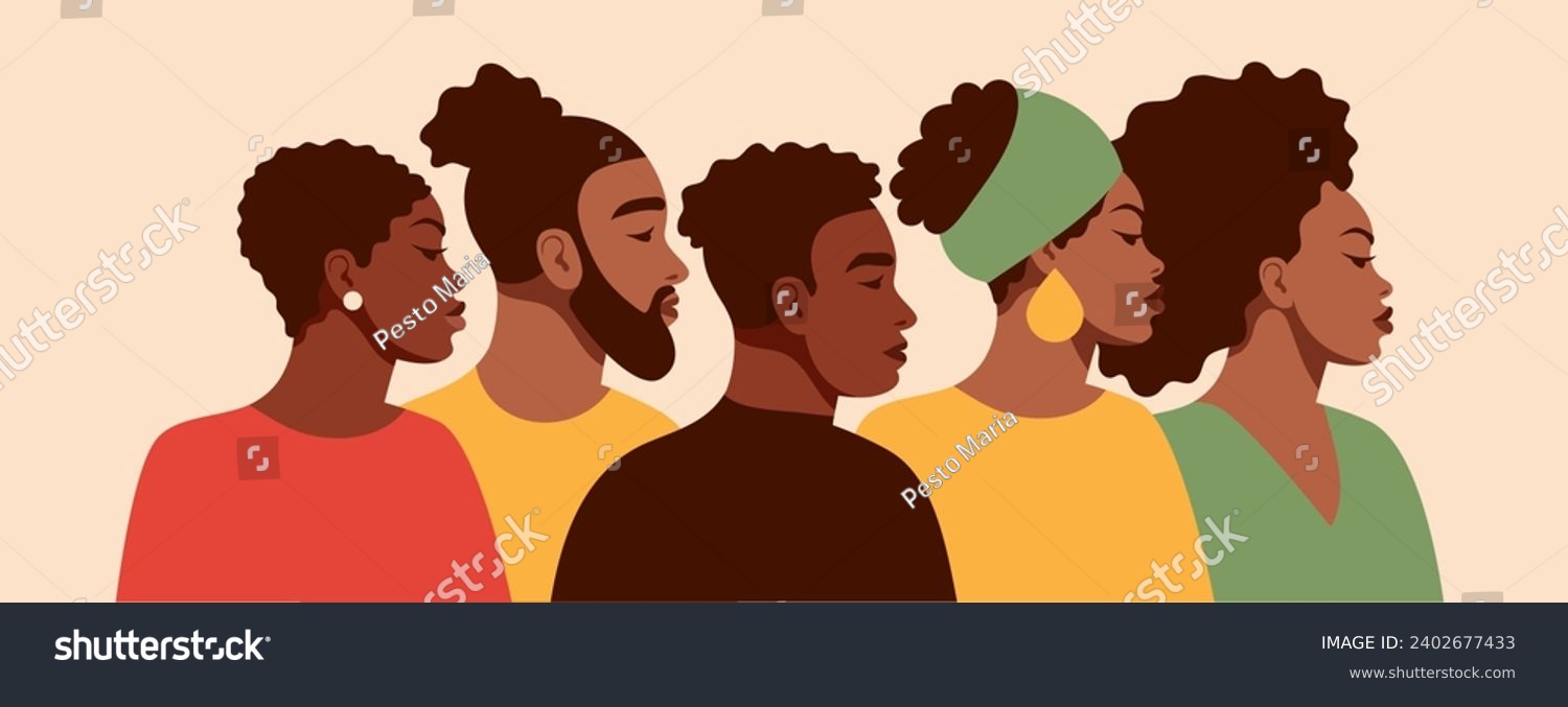 A group portrait of black people. African American men and women. Black History Month. Cartoon  flat  vector illustration