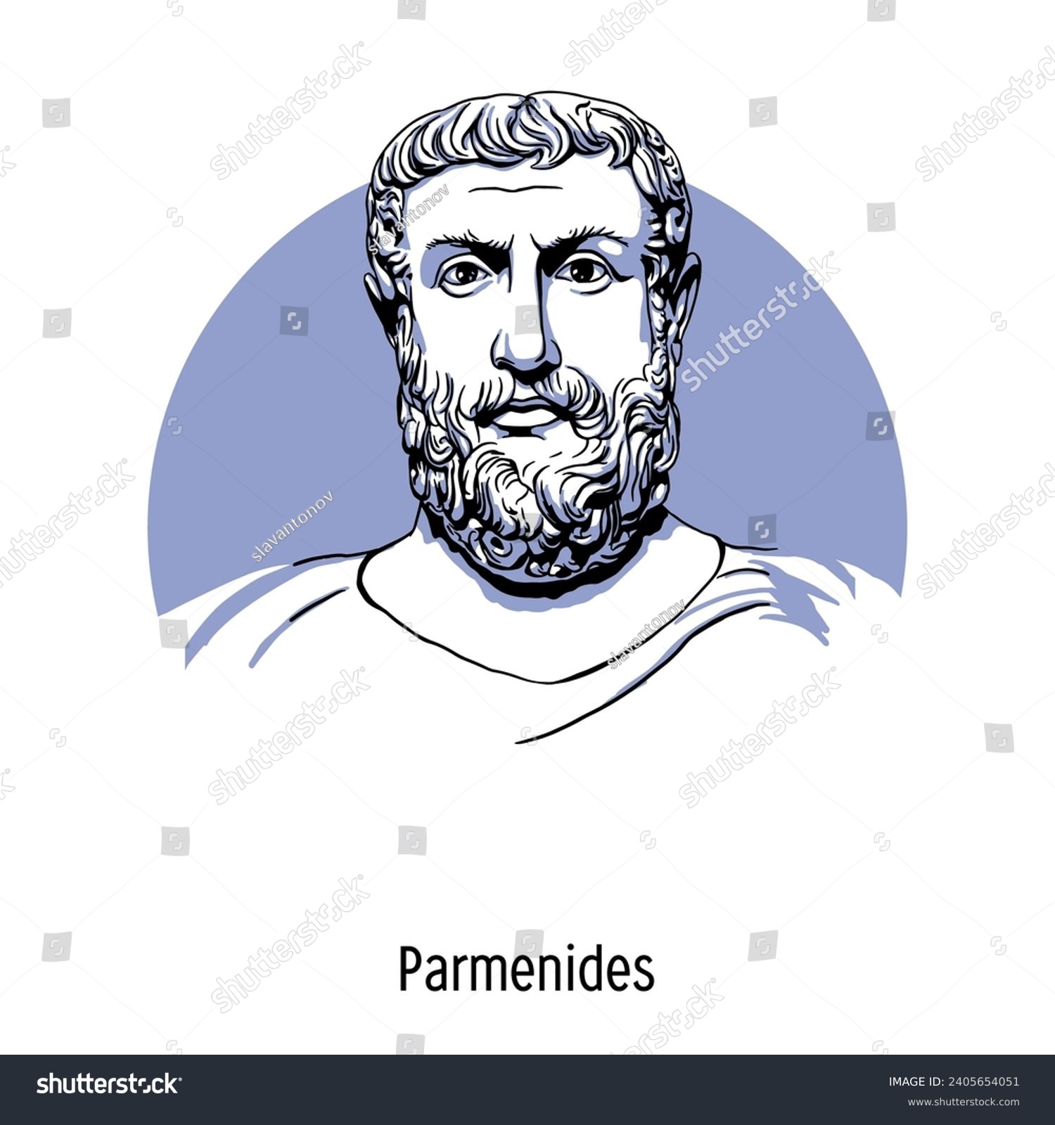 Parmenides of Elea is an ancient Greek philosopher  the main representative of the Eleatic school. Hand drawn vector illustration