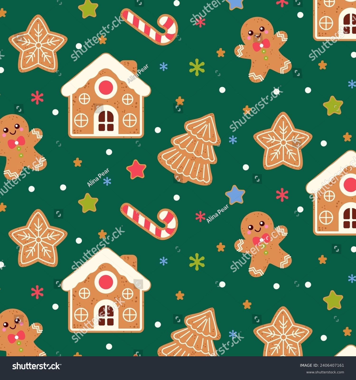 Seamless pattern with cute Christmas gingerbread cookies. Gingerbread man  Christmas tree  gingerbread house and gingerbread cookies on a green background. Vector illustration 