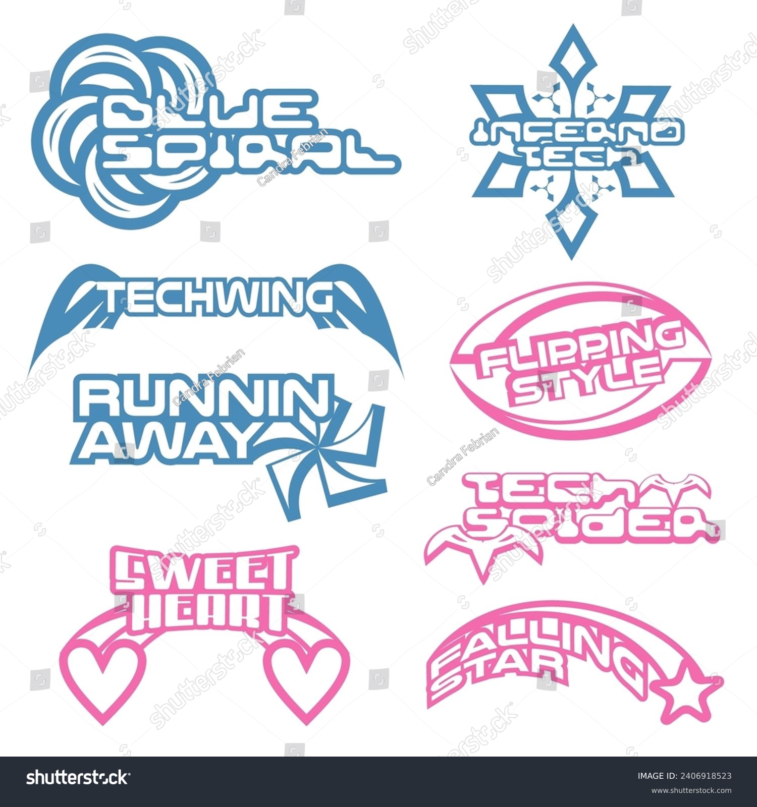 Futuristic lettering logo in Y2K style. Digital graphic  inscriptions for posters  logo  typography  streetwear  t-shirt  apparel  sticker. Y2k set. Name Logo Y2k style  streetwear  Futuristic  Cyber