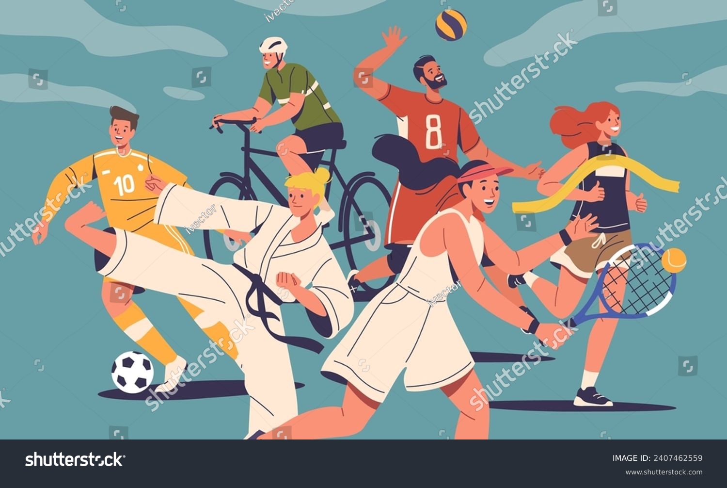 Athletes Of Summer Sports. Male and Female Characters Soccer or Basketball Player  Runner  Karate  Tennis and Bicyclist