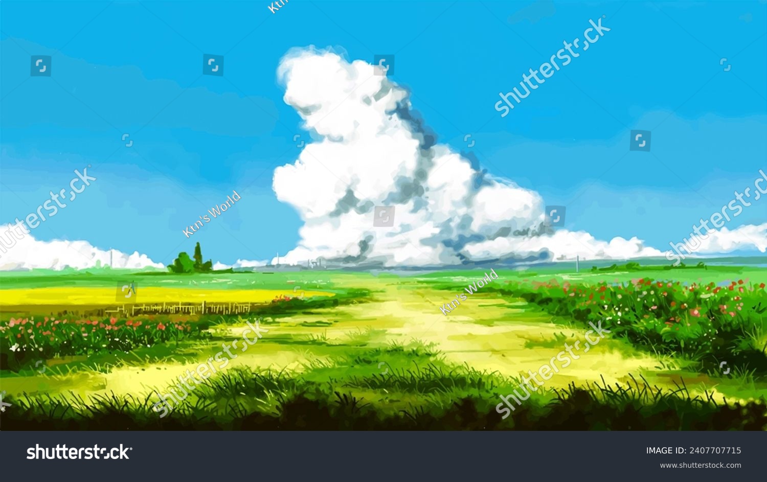 A beautiful road village vibe area  Beautiful clouds  Anime village.