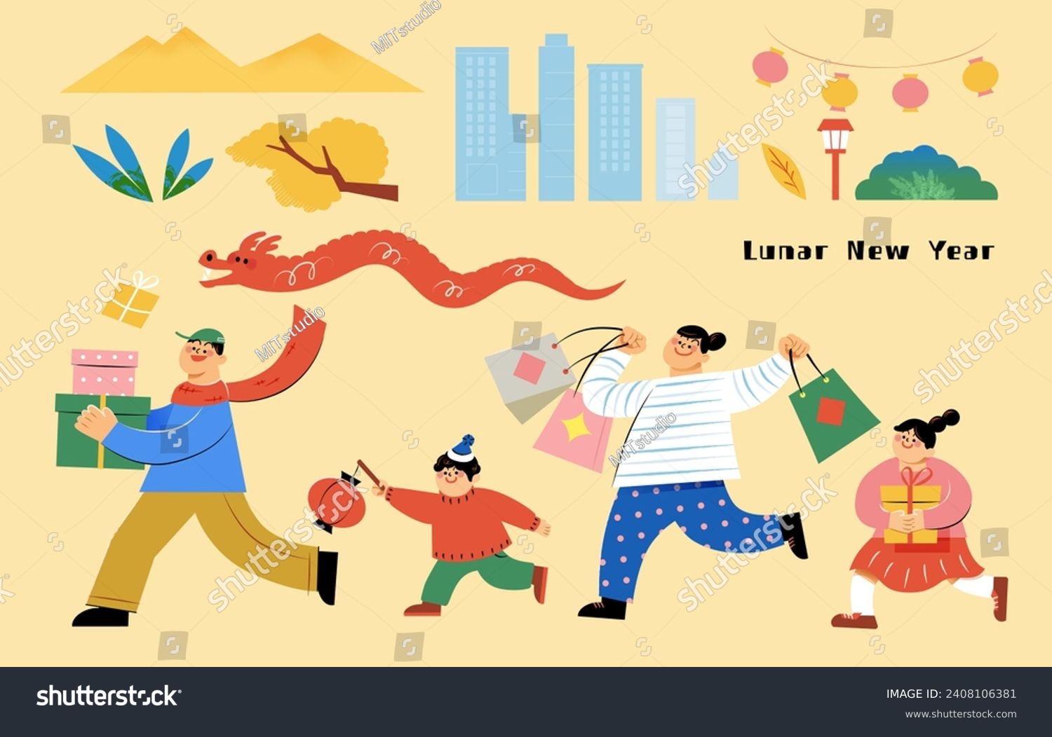 Cute CNY Family shopping element set isolated on light yellow background.