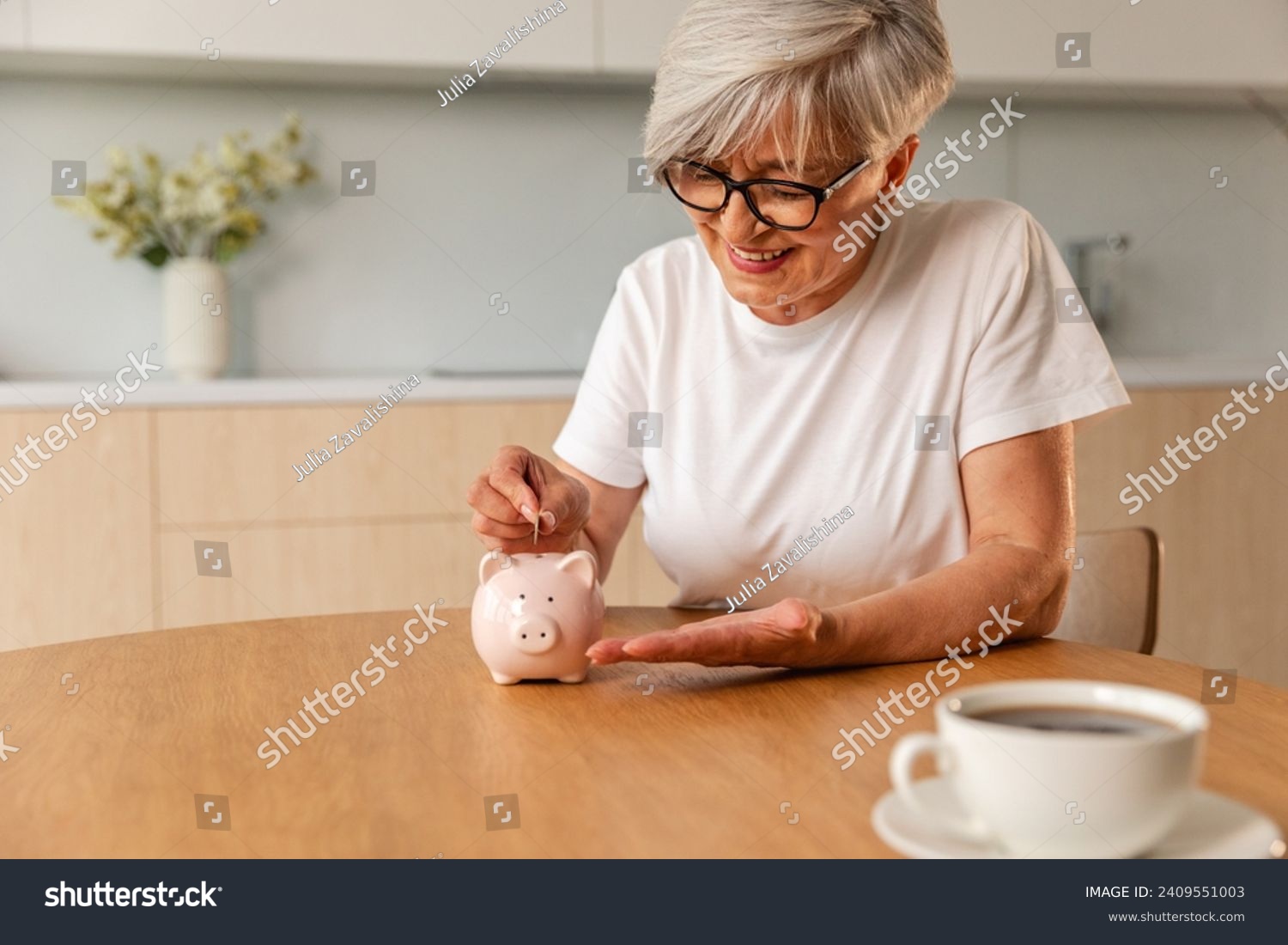 Saving money investment for future. Senior adult mature woman putting money coin in piggy bank. Old grandmother counting saving money planning retirement budget. Investment banking concept
